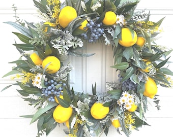 lemon wreath, Eucalyptus wreath, Lemon and Eucalyptus wreath,Lemon wreath for door,Lemon and blueberry wreath,Mixed greenery,white floral