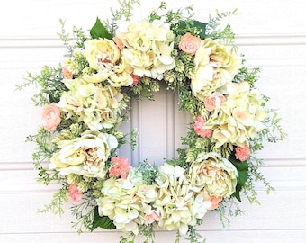 Hydrangea wreath, peony wreath, Green hydrangea wreath, Green peony wreath, Peach ranunculus wreath, Spring-Summer wreath, Green and Coral