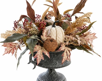 Fall arrangement on urn, Fall centerpiece with velvet pumpkin and foliage, Autumn arrangement