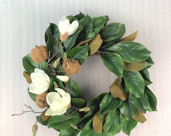 Fall Magnolia wreath,Magnolia leaves wreath with pumpkin,Magnolia flowers wreath,Farmhouse-Cottage wreath,Magnolia front door wreath,Rustic