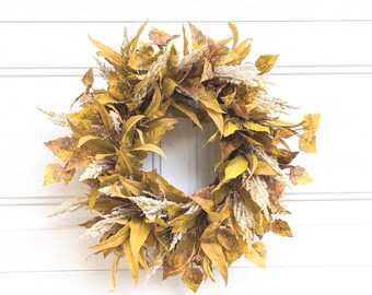 Fall foliage wreath,Golden leaf fall wreath,pampas grass wreath,fall birch leaves ,harvest gold  wreath,eucalyptus wreath,Autumn  wreath
