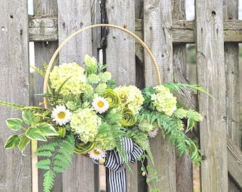 Hydrangea wreath, Green hydrangea hoop wreath, Spring-Summer hoop wreath, Hydrangea door basket, Wall pocket,Hydrangea and Ranunculus wreath