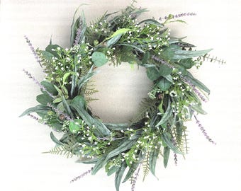 Lavender wreath, Eucalyptus wreath, Spring greenery wreath with white flowers, Mixed Eucalyptus greenery wreath with Lavender