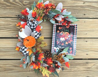 Oval Fall foliage wreath,Autum leaves wreath,Buffalo check fall wreath,Lamb's ear fall wreath,fall berry wreath,fall wreath,Happy fall sign