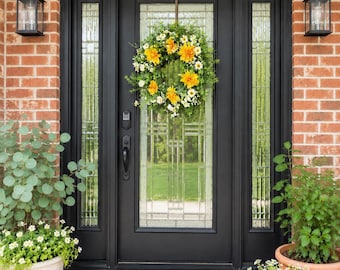 Summer Yellow Dahlia Wreath for Front Door | Farmhouse Floral Wreath | Spring & Summer Door Decor | Handmade Wreath