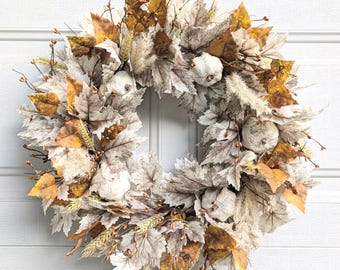 Fall foliage wreath,Neutral fall wreath,Beige leaves fall wreath, white pumpkins-mustard pip berries fall wreath,fall birch leaves wreath