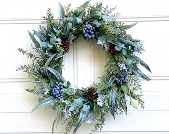 Winter Eucalyptus and evergreen wreath,Christmas Eucalyptus and ceder wreath,Blueberry Christmas wreath with pinecones,Front door  wreath