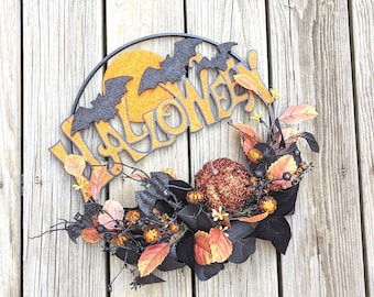 Halloween Bat Wreath: Orange, Black Glitter Foliage and  Pumpkins , wood hoop
