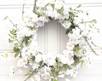 Cherry blossom wreath, Cream-White cherry blossom wreath, Spring wreath, cream floral wreath, Cherry blossom front door wreath, White flower