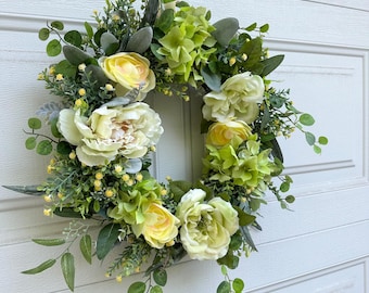 Spring Greenery Wreath | Cream & Yellow Floral Front Door Wreath | Hydrangea Peony Rose Wreath | Summer Door Decor | Housewarming Gift