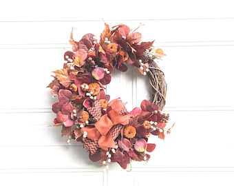 Fall Eucalyptus Wreath: Red-Orange Foliage, Pumpkins & Berries