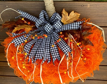 Pumpkin Wreath, Orange Deco Mesh Pumpkin Wreath for Front Door