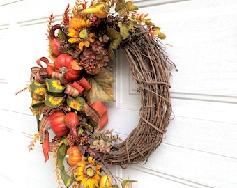 Fall  pumpkin-gourd wreath,Fall sunflower and pumpkin wreath, Fall front door wreath with bow, Fall sunflower wreath,Fall foliage wreath