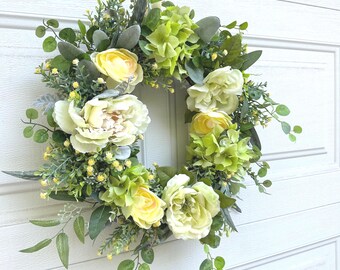 Spring Greenery Wreath | Cream & Yellow Floral Front Door Wreath | Hydrangea Peony Rose Wreath | Summer Door Decor | Housewarming Gift