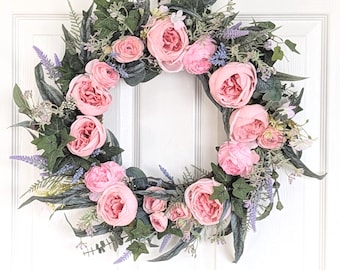 Pink Peony and cabbage rose Spring wreath,Summer wreath,Lavender wreath,Eucalyptus wreath,Pink and purple Spring door wreath,Ivy wreath