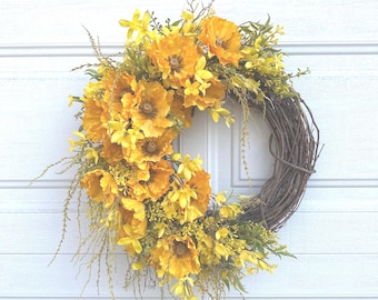 Spring wreath, Forsythia wreath, Yellow flower wreath, Poppy wreath, Summer wreath,Front  door wreath wreath, Poppy and Forsythia wreath