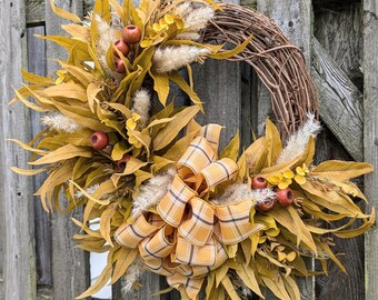 Fall eucalyptus wreath,Gold leaf wreath,Mustard foliage fall wreath,monochromatic mustard yellow wreath,beige grass wreath,seeded eucalyptus