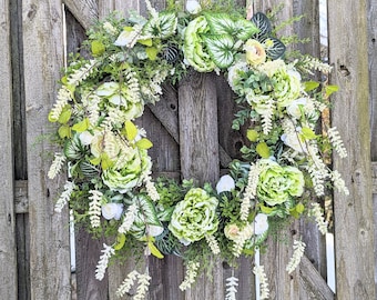 Peony wreath,Spring Peony wreath, monochromatic wreath, Ranunculus wreath,Green and cream wreath,Summer wreath