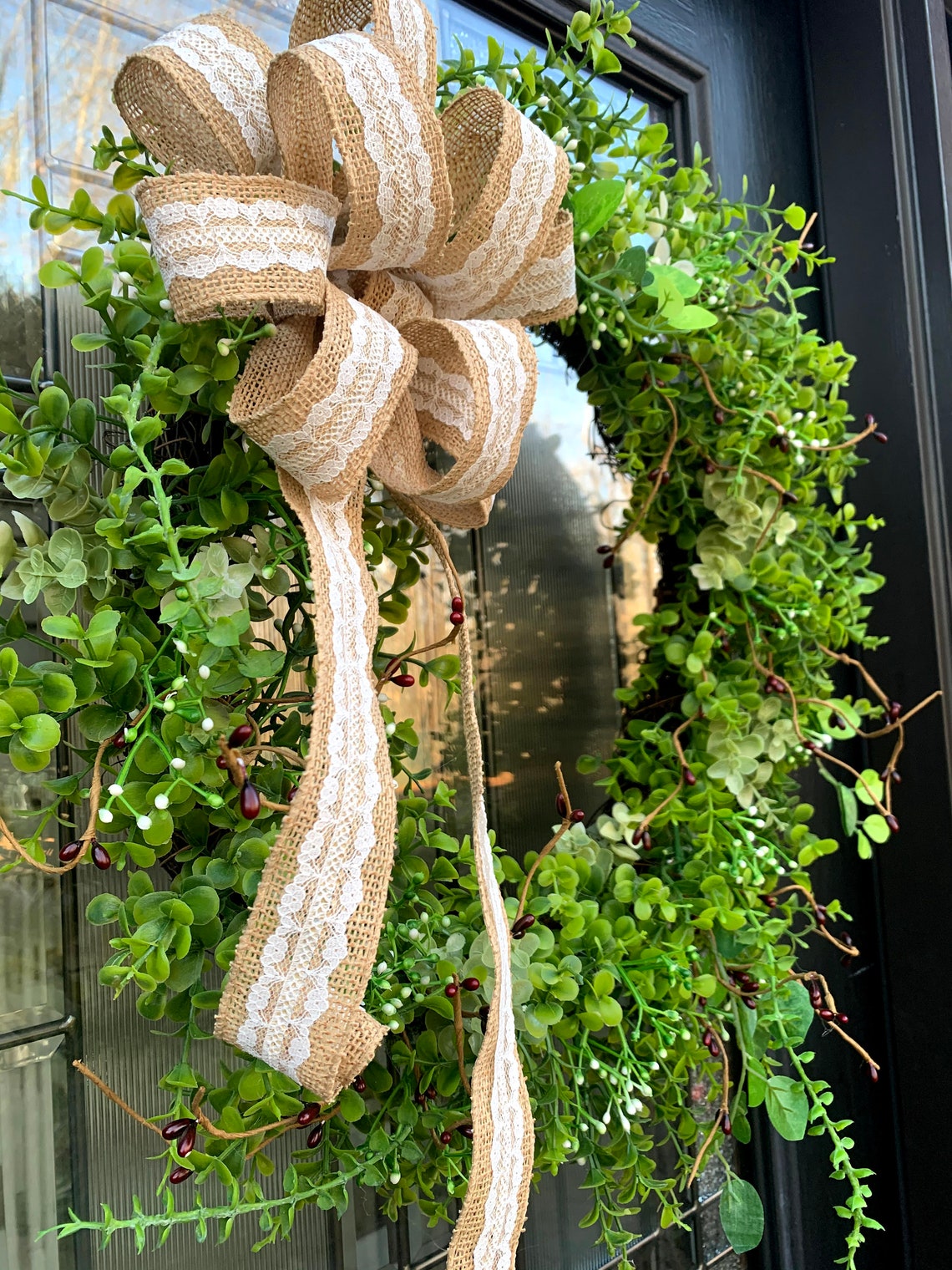 Mixed Greenery wreath with bow Boxwood wreath with burlap Etsy