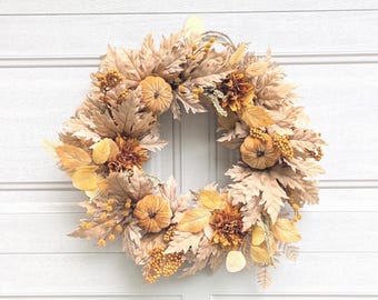 Mustard fall foliage wreath,Light brown maple leaves,gold leaves wreath,neutral fall wreath,Eucalyptus wreath with berries,front door wreath