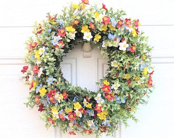 Spring wreath, Spring wreath with red-blue-yellow flowers,Spring front door wreath,Multi color wreath,Candle wreath,Cabinet wreath