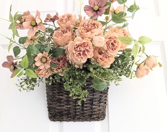 Spring-Summer door basket arrangement,Peony arrangement,Cosmos arrangement,Beige flower arrangement,Rustic basket