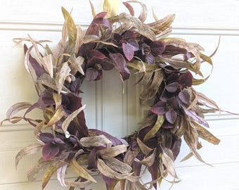 Fall Eucalyptus wreath, Burgundy-brown-beige eucalyptus,Burgundy foliage,Mustard yellow Eucalyptus,Dark purple foliage,Front door wreath