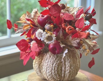 Fall arrangement on a woven pumpkin, Autumn pumpkin centerpiece,Fall Harvest arrangement