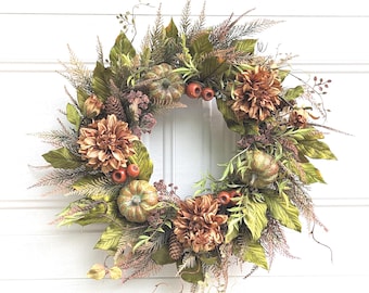 Fall wreath,Fall wreath with flowers and pumpkins,Fall dahlia wreath,brown- olive wreath, Neutral fall wreath,fall floral wreath,door wreath