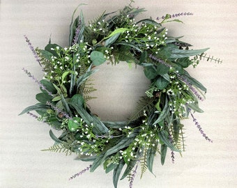 Eucalyptus wreath,Eucalyptus and Lavender Wreath,Spring greenery wreath with white flowers,Mixed Eucalyptus greenery wreath with Lavender