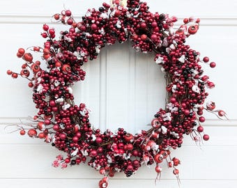 Red Berry Wreath,Flocked red berry wreath, Burgundy berry wreath,Winter wreath,Christmas wreath