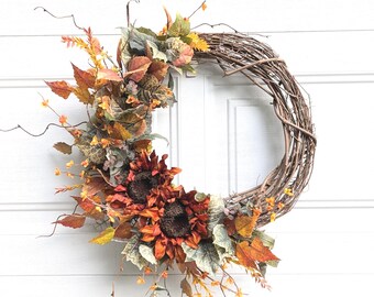 Fall rust Sunflower wreath, Fall wreath with bittersweet,Birch leaf wreath, Fall mixed greenery wreath, Orange-yellow-green fall wreath