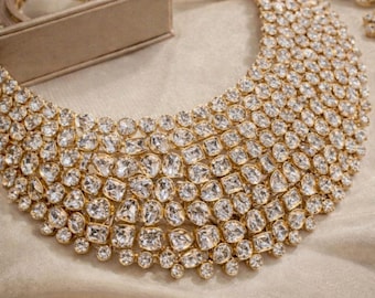 Trendy Moissanite Luxury Pearl Choker Set, Statement Bridal Necklace with Earrings, Layered Pearl Jewelry