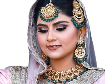 Gold Plated Kundan Bridal Jewelry Set: Bollywood Necklace, Earrings, Maang Tikka