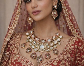 Gold Plated Maroon Bridal Jewelry Set – Indian Jhumka, Tikka