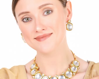 Gold Plated Antique Kundan Necklace Earrings Indian Wedding Bollywood Fashion Jewelry Set