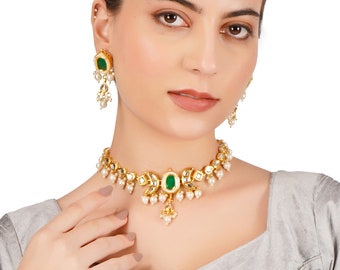 Indian Ethnic Gold Plated Kundan Choker, Earrings Fashion Necklace Jewelry Set for Women