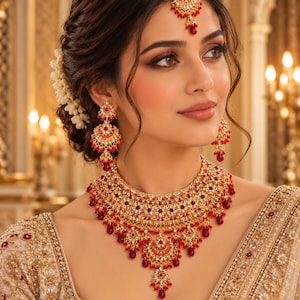 Op de afbeelding: Een goudkleurige sieradenset bestaande uit een brede choker-halsketting, bijpassende oorbellen en een maang tikka. De sieraden zijn versierd met ingewikkeld filigraan, heldere witte stenen en kleine rode kralen, met grotere druppelvormige rode stenen.