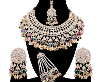 Bollywood Designer Indian Wedding  Peepal Patti Kundan Pearls Necklace, Earrings, Maang Tikka, Passa Jewelry