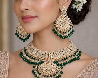 Kundan Choker Earrings Set, Indian Gold Plated Necklace, Ethnic Jewelry