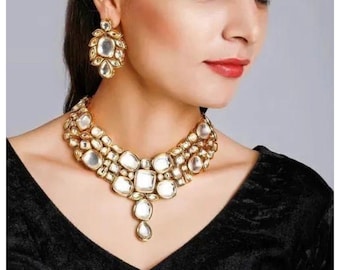 Elegant Gold Plated Antique Kundan Choker Necklace Earrings Indian Wedding Bollywood Jewelry Set