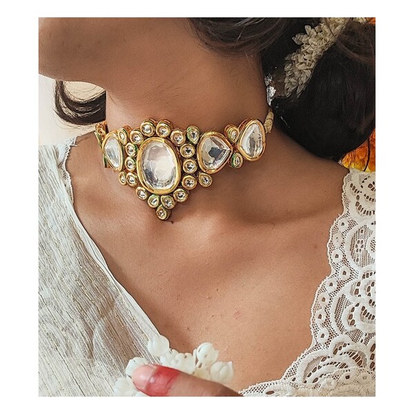 Fancy Indian Wedding Bollywood Gold Plated Antique Kundan Choker Necklace Earrings Jewelry Set