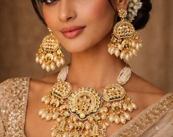 Trendy Kundan Pearl Choker Necklace Set | White Drop Indian Bridal Jewelry For Women