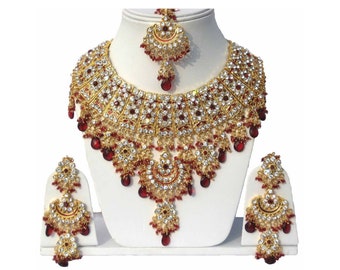 Marvelous Indian Wedding Designer Cubic Zircon Crystal Pearls Necklace, Earrings, Maang Tikka Jewelry Set