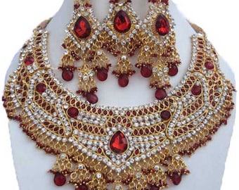 Cubic Zircon Gold Plated Wedding Designer Crystal Pearls Necklace, Earrings, Maang Tikka Jewelry Set
