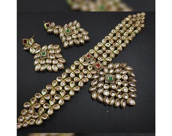 Indian Bollywood Gold Plated Antique Kundan Bridal Necklace Earrings Jewelry Set