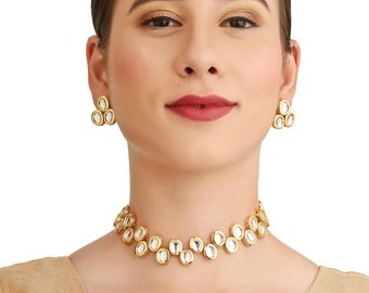 Gold Plated Kundan Choker Necklace & Earrings Set: Indian Jewelry