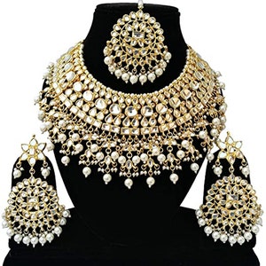 Ethnische indische Bollywood vergoldete antike Kundan Braut Choker Halskette Ohrringe Schmuck-Set