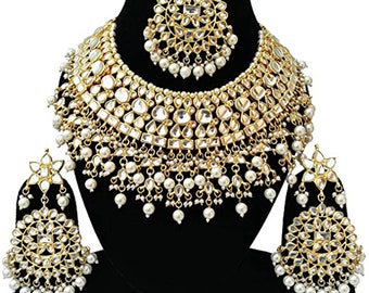 Ethnic Indian Bollywood Gold Plated Antique Kundan Bridal Choker Necklace Earrings Jewelry Set