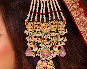 valentine's day jewelry Gold Plated Jhoomer Headpiece - Indian Ethnic Kundan Pearl Passa Hair Accessories